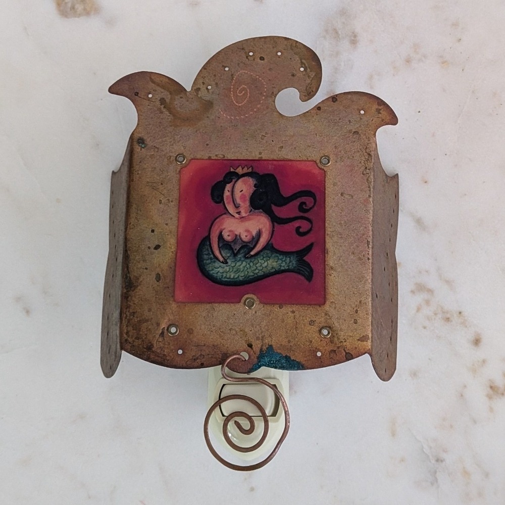 Vtg J. El-Hai Mermaid Copper Night Light Whimsical Folk Art Wall Plug-In Rare - Picture 3 of 8